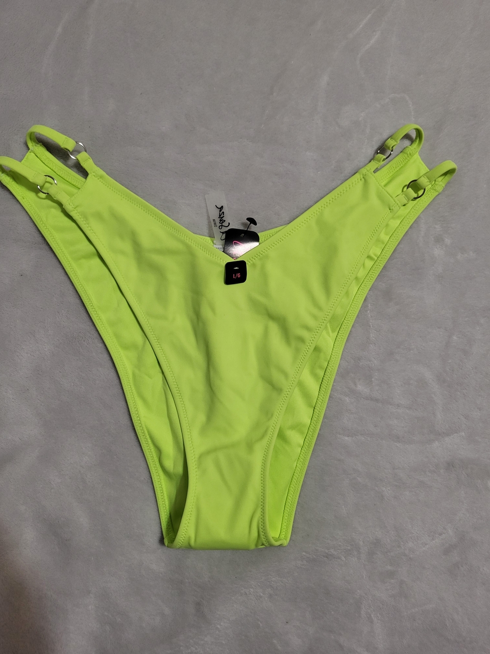 NWT La Senza Neon Lime Fluorescent Green High Leg Bikini Bottoms L O-Ring Cutout